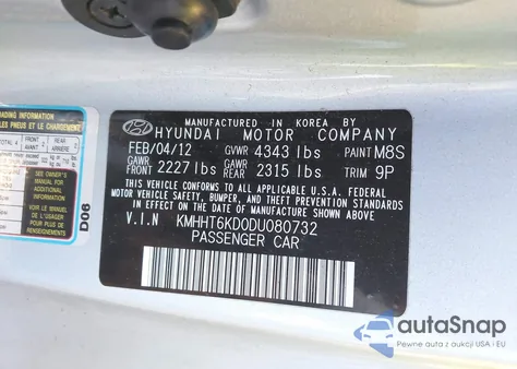 2013 Hyundai Genesis 2.0T Premium z USA, uszkodzony, nr VIN KMHHT6KD0DU080732